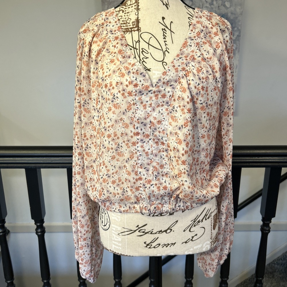 Pink Lily Once Taupe Floral Balloon Sleeve Blouse Crop XL Boho